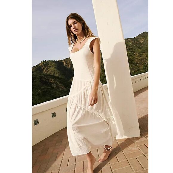 Free People Free-Est Traveler Midi Dress Smocked Asymmetrical Tiered S 280049